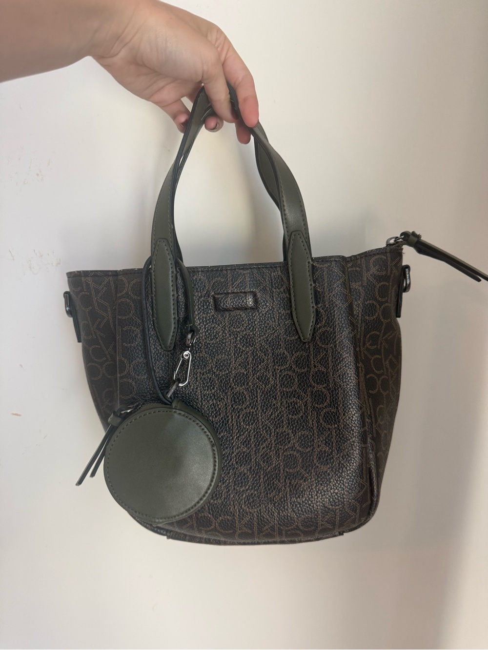 Calvin Klein Olive and Brown Logo Shoulder Bag